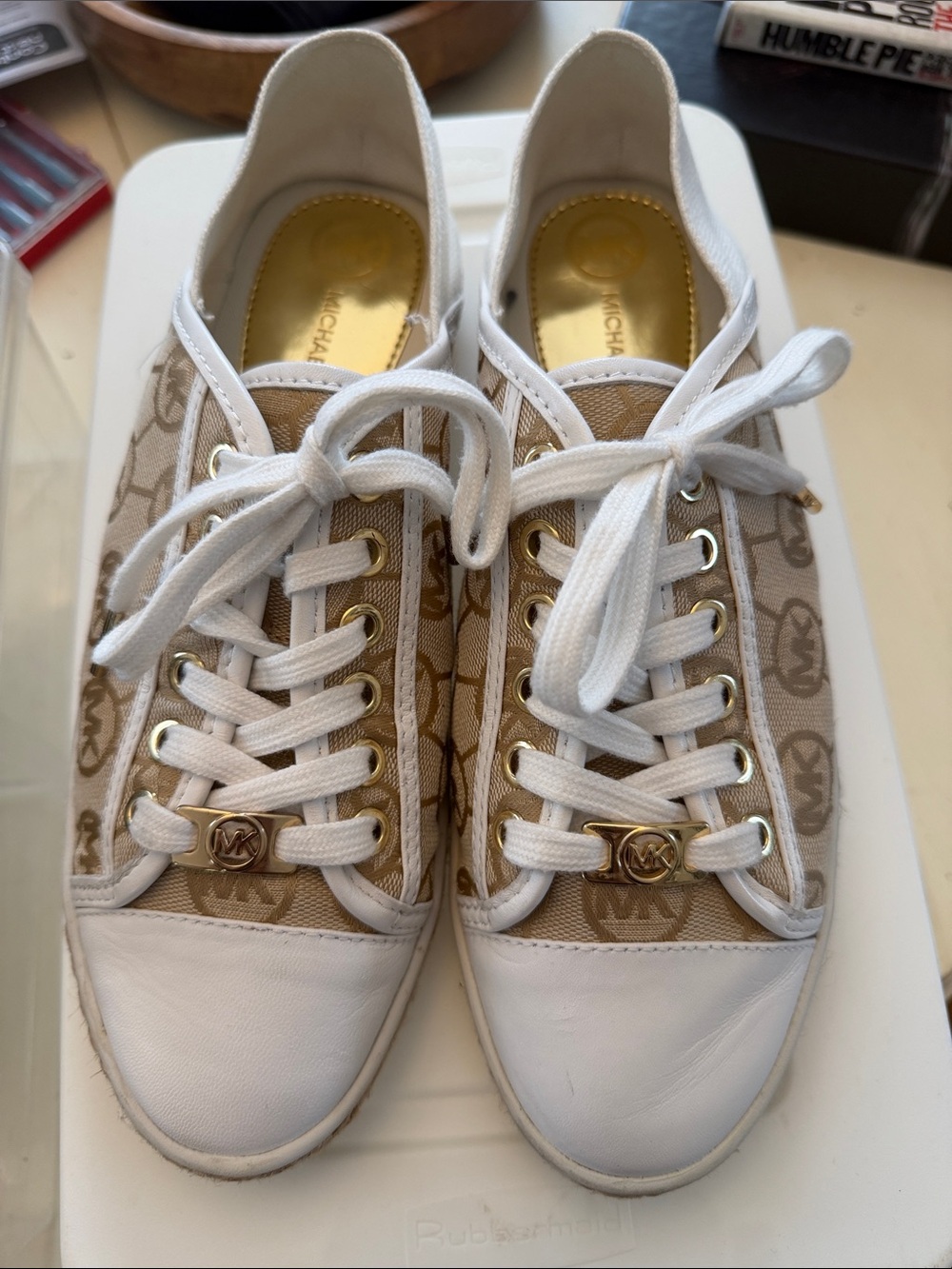 Michael Kors Women's Kristy Beige & White Logo Sneakers with Jute Size 7.5